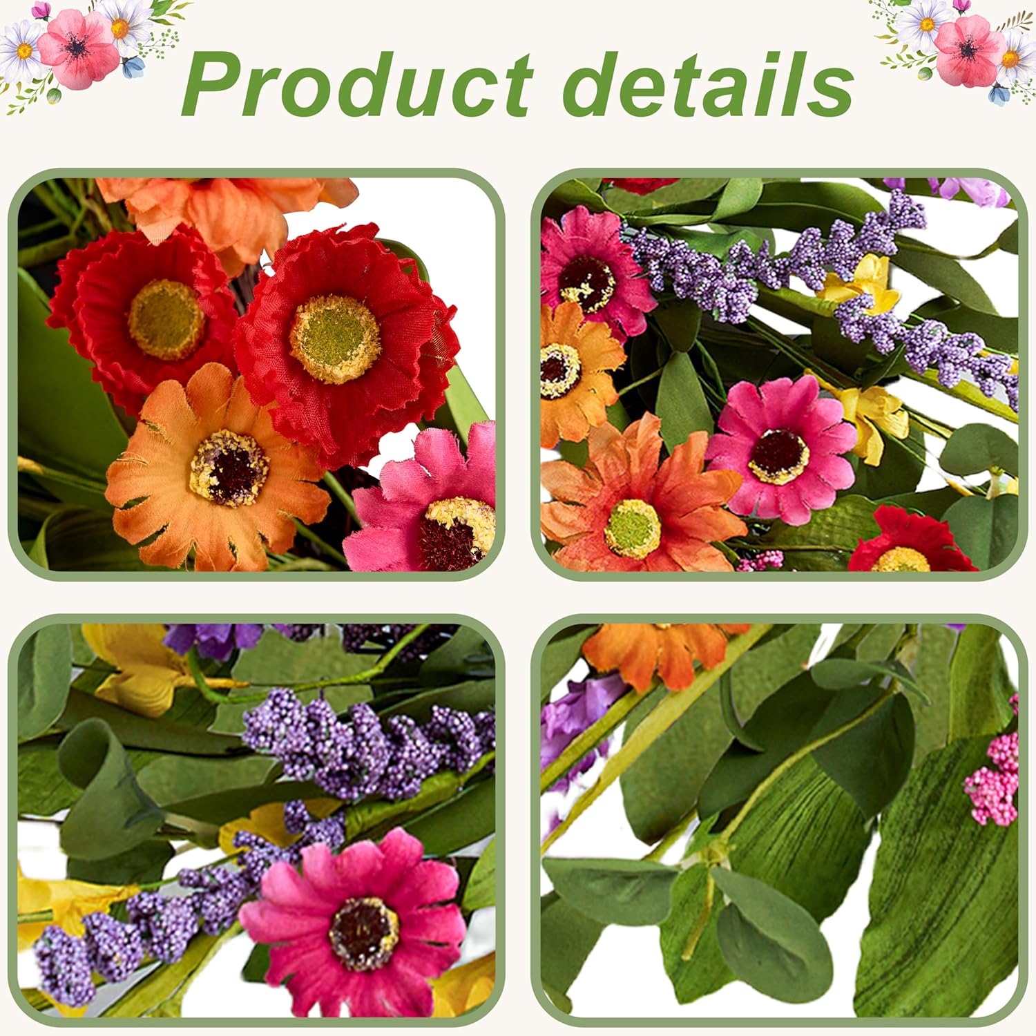 Artificial Spring Wreath 22 Inch Summer Wreaths for Front Door with Green Eucalyptus Leaves Pink Daisy Lavender Spring Door Wreath for Farmhouse Wall Wedding Home Porch Easter - Image 5