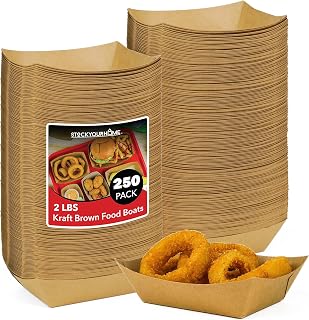 [250 Pack] Large Disposable Brown Kraft Paper Food Trays, 2-Lb Concession Tray, Serving Boats for Party Snacks, Taco Bar, Seafood, Nachos Plates