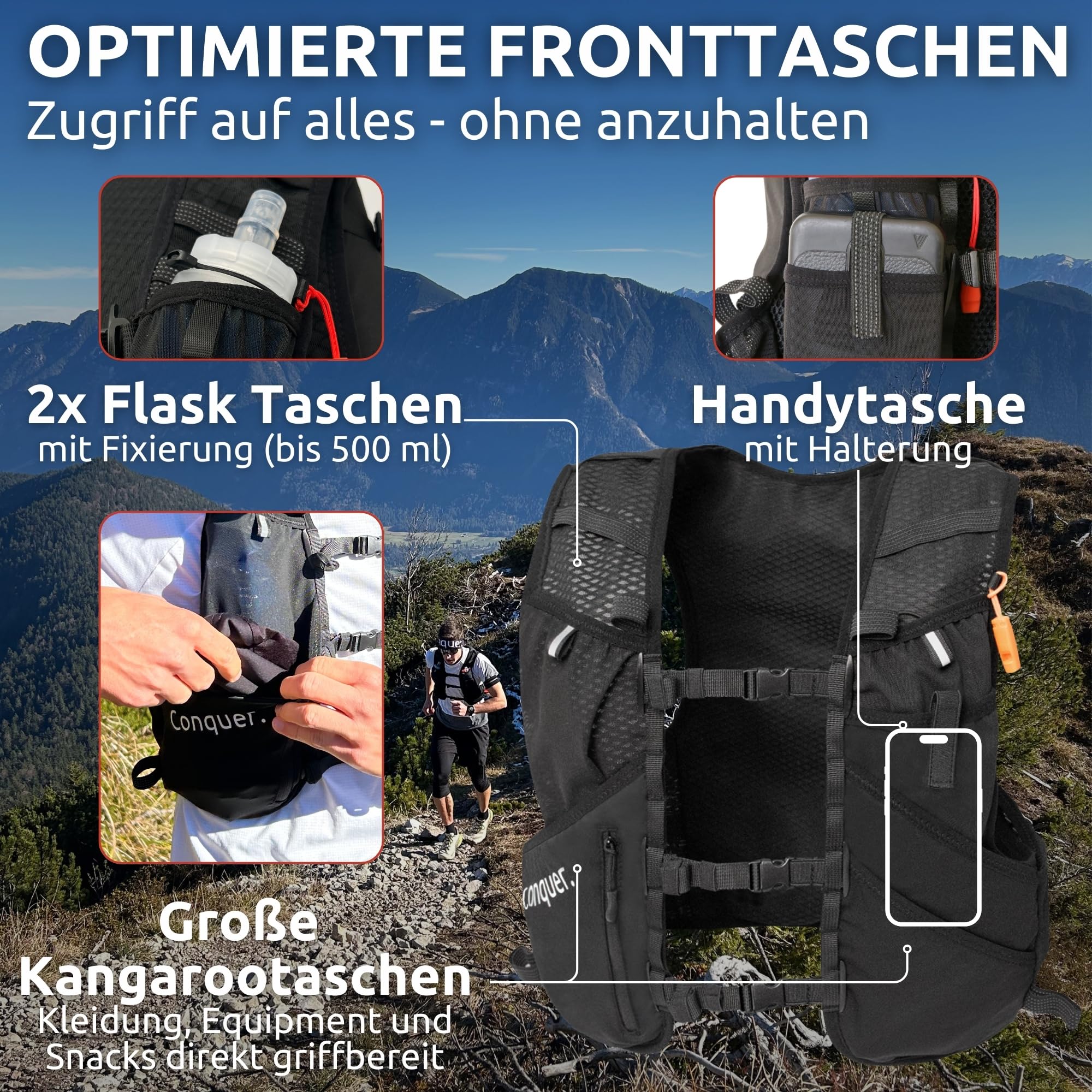 Conquer Laufweste 5L Herren Damen Ultraleichte Trinkweste Trailrunning Joggen Trinkrucksack Soft Flask Fächer Trinkblasen-kompatibel Handytasche Running Vest Marathon