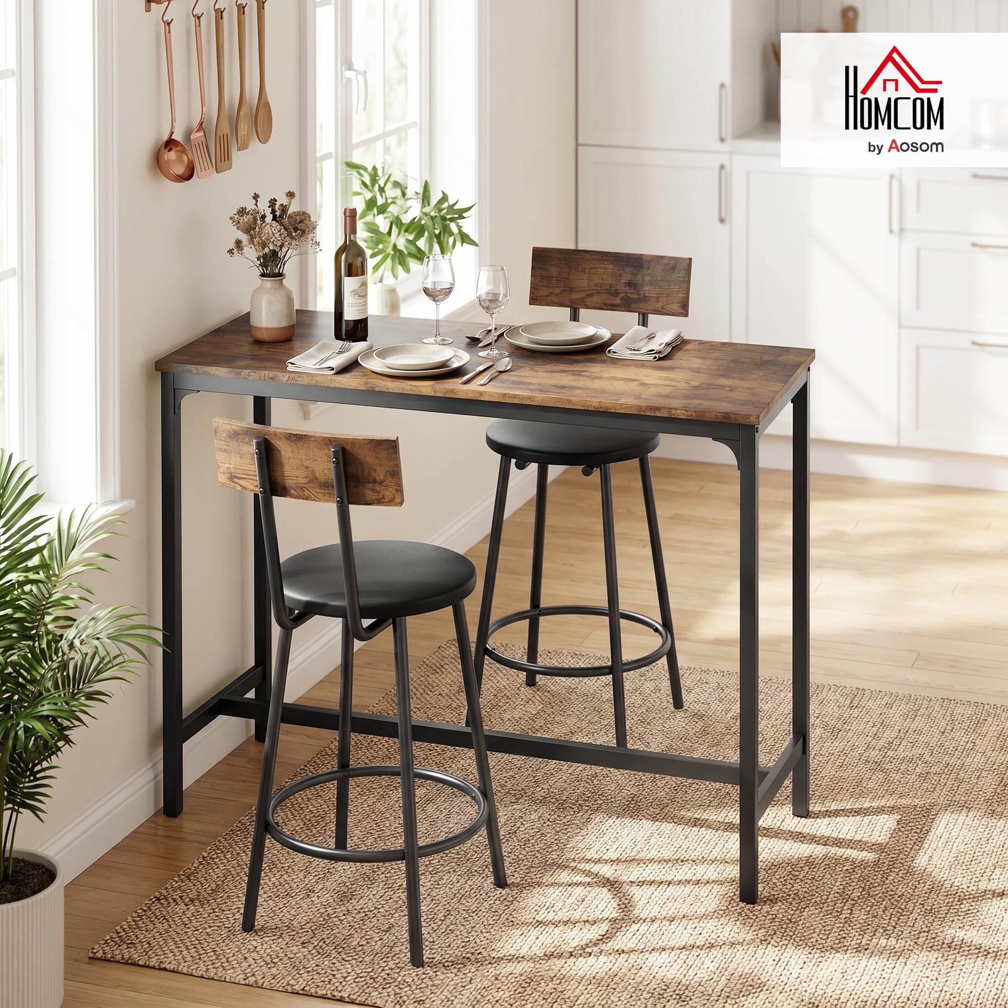 HOMCOM Ensemble Table de Bar avec 2 Tabourets Repose-Pieds PU Marron