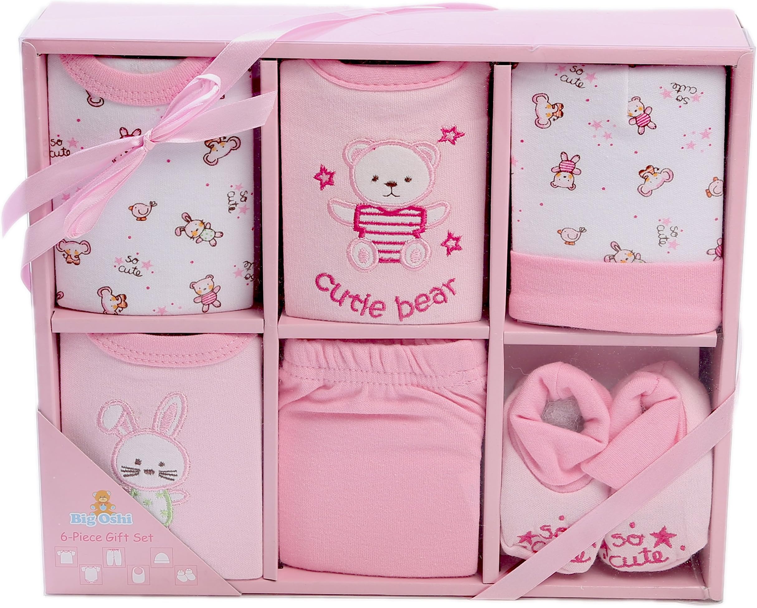 Big Oshi Layette Baby Gift Set, 6Piece - Gift Boxed - Ready to Go - Perfect Baby Shower Gift - Pink