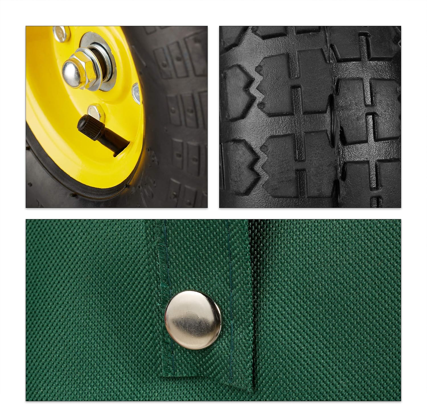 Close-up images showing the tire tread and the fabric texture of the tarp