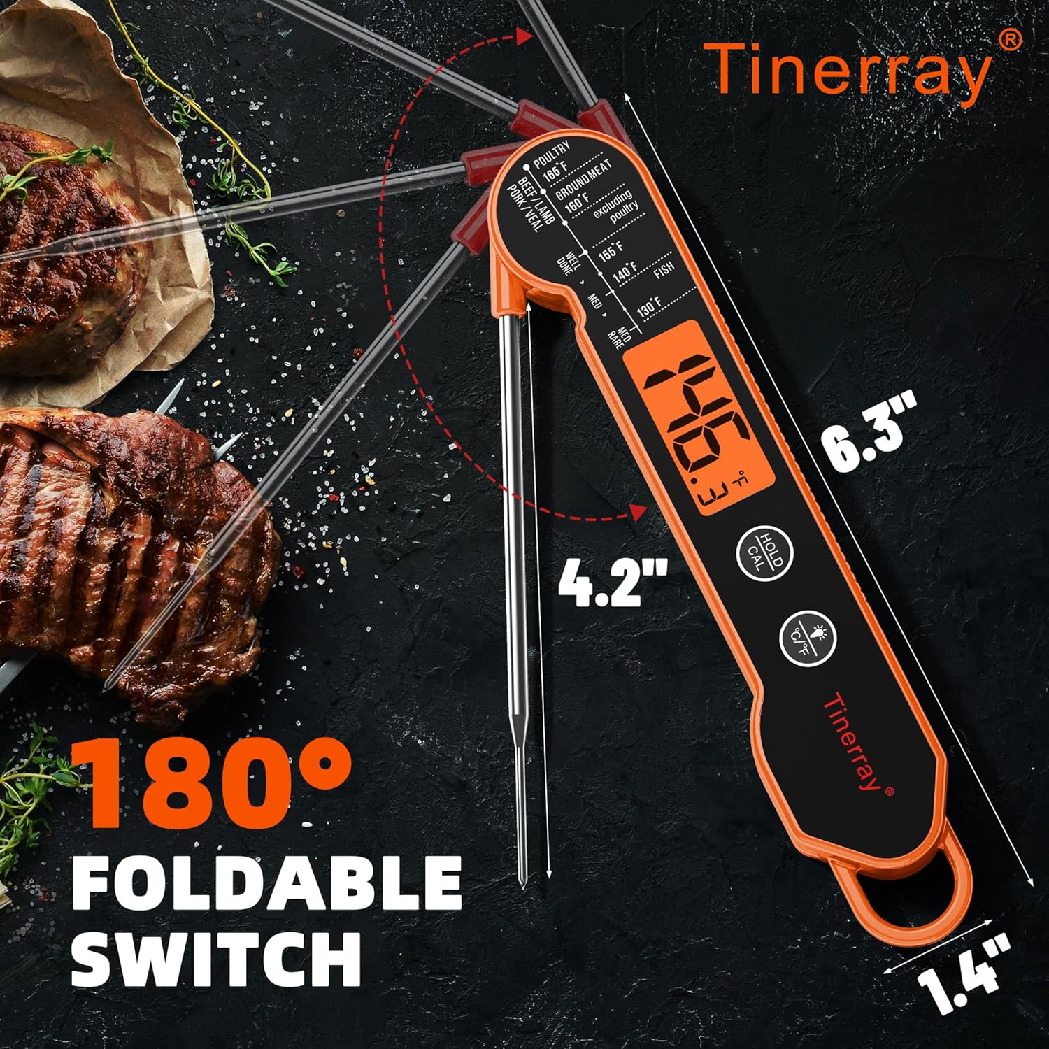 Digital Meat Thermometer Instant Read - Ultra Fast 1s Reading, Waterproof with Backlight & Motion Sensor for BBQ, Grilling, Smoker, Candy, Oil (Orange)