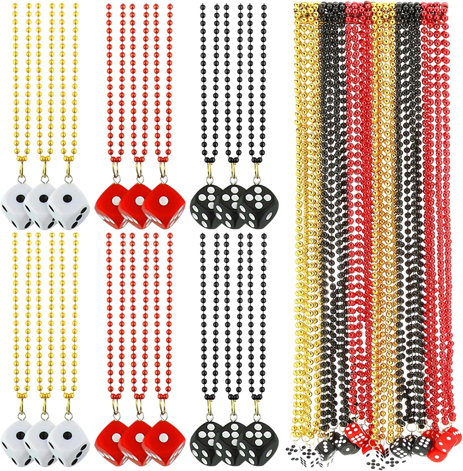 Ecally 24 Pcs Casino Night Beaded Necklaces Bulk Birthday Casino Dice Necklaces Gifts Carnivals Jewelry Accessories for Game Night Birthday Party Decorations, 3 Styles