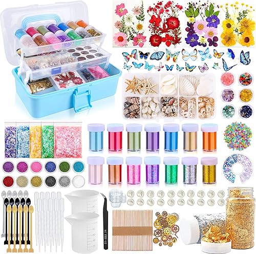 Kit de accesorios de decoración de resina, kit de suministros para principiantes, con flores secas, calcomanías de mariposa, polvo de mica y