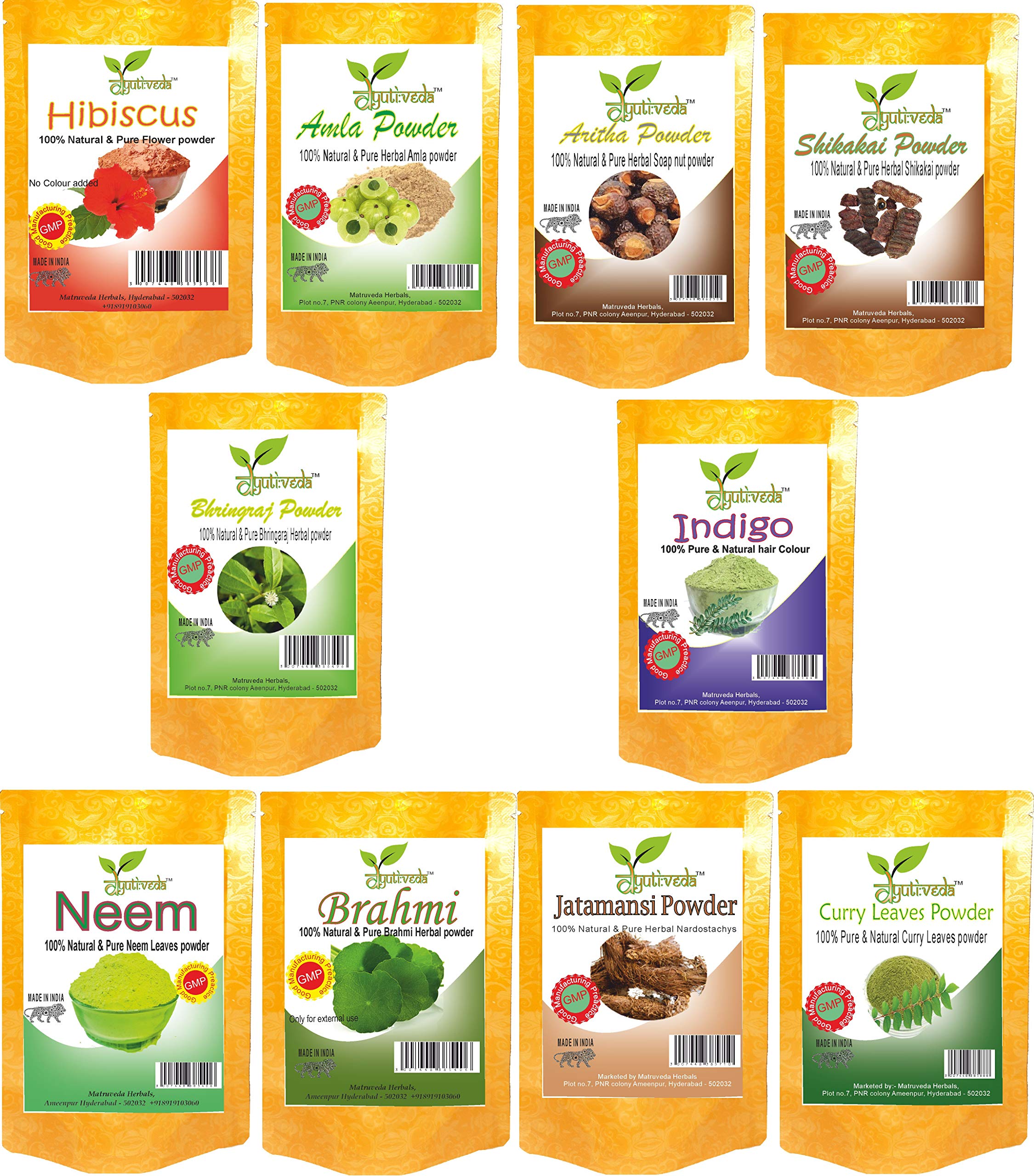 Dyuti:veda Natural Combo Pack of Hibiscus , Amla , Bhringraj , Shikakai , Aritha , Indigo Hair Color, Brahmi , Neem , Jatamansi & Curry Leaves Powder for Hair Care (Pack of 10, Each 50 gm) - 500 gm