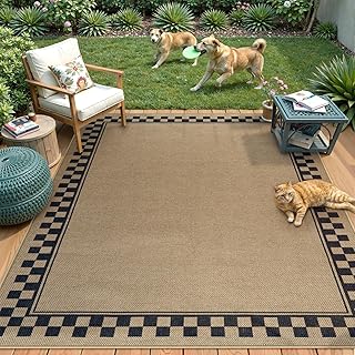 Tiveney 4x6 Tan Outdoor Rug, Easy Jute Farmhouse Non Slip Backing Outdoo...