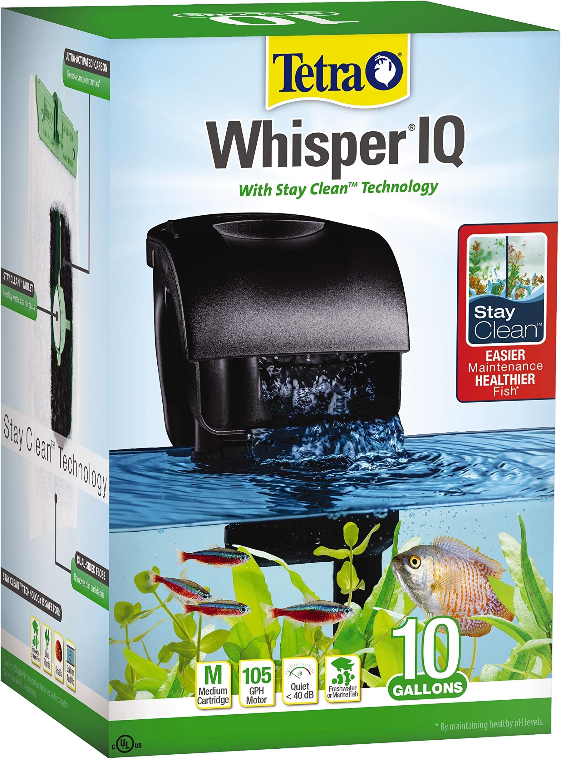 Whisper IQ Power Filter 10 Gallons, 105 GPH, with Stay Clean Technology