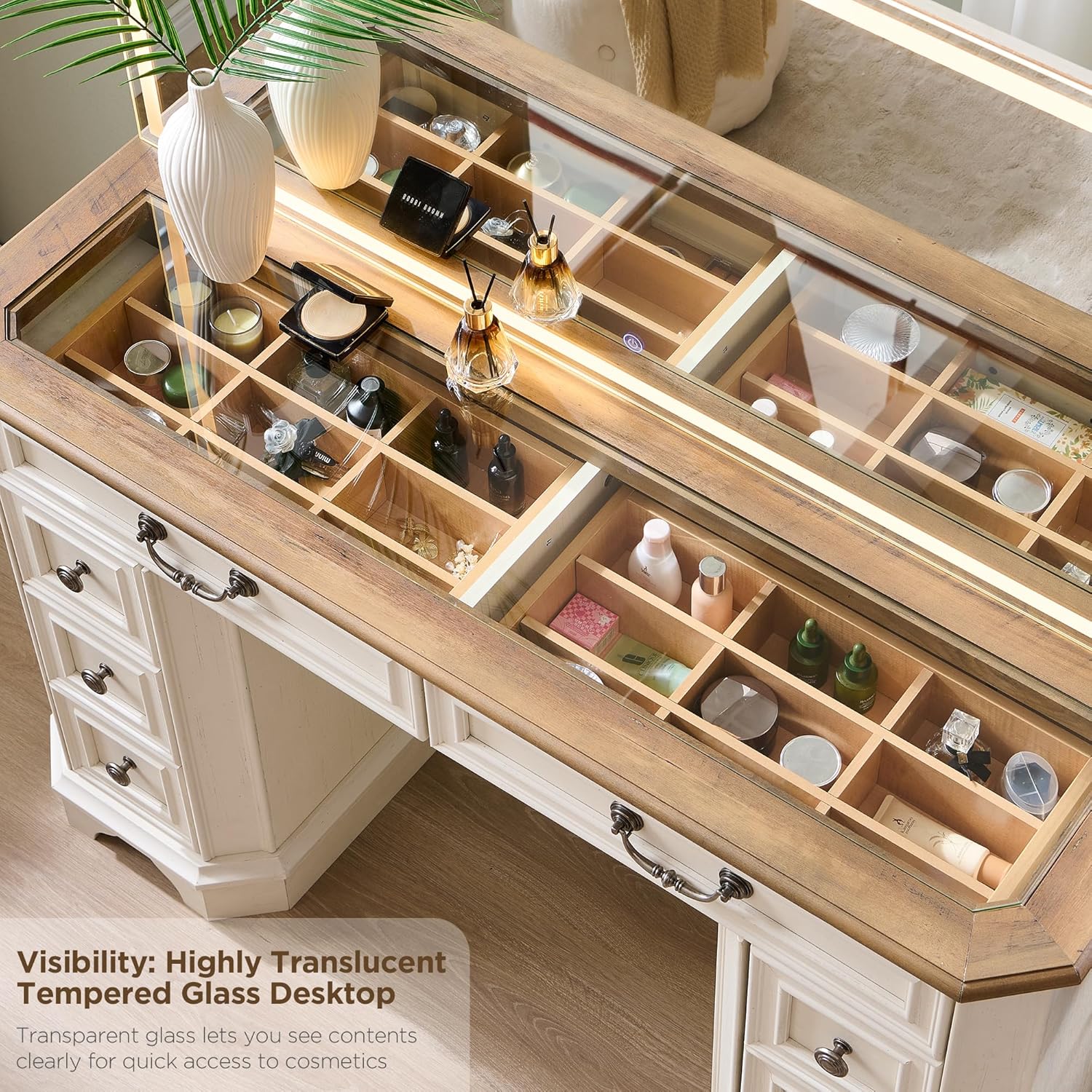 T4TREAM Vanity Desk with Mirror and Lights, 48'' LED Lights Makeup Vanity with 8 Drawers, Farmhouse Vanity Table with 3 Color Modes, Dressing Table with Glass Top and Power (Antique White)