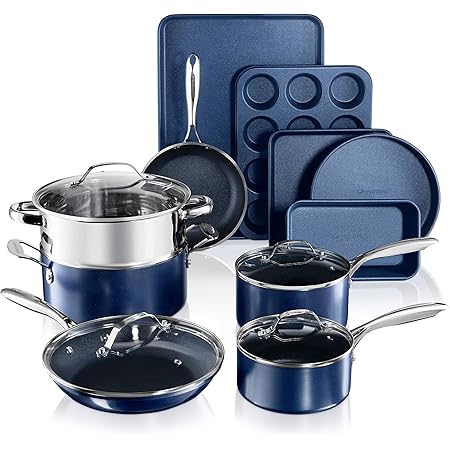 Granitestone Blue Nonstick Pots and Pans Set, 15 Piece Cookware & Bakeware Set with Ultra Nonstick PFOA Free Coating–Includes Frying Pans, Saucepans, Stock Pots, Steamers, Cookie Sheets & Baking Pans