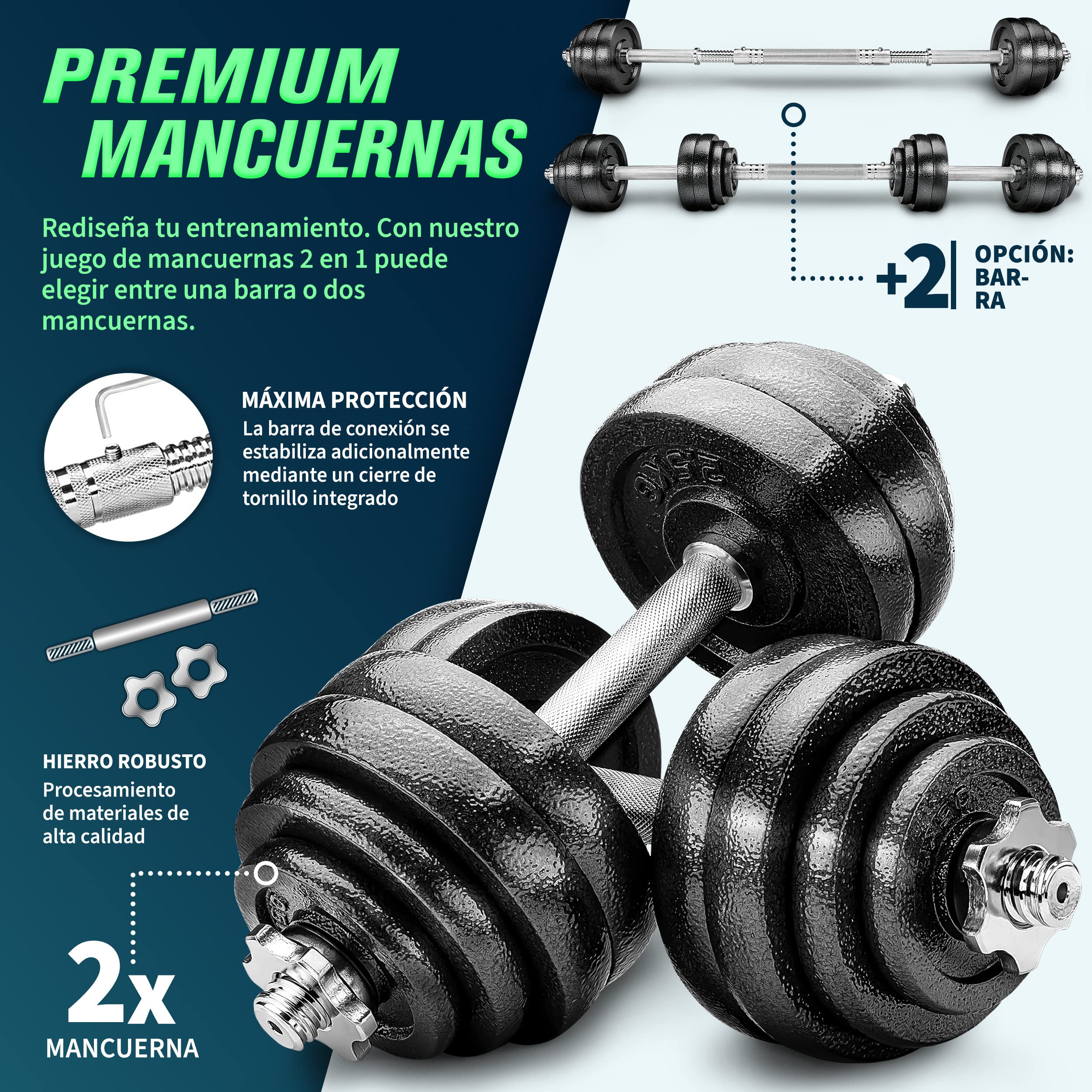 RE:SPORT Mancuernas Ajustables 15-30kg - Pesas y Mancuernas de Hierro Fundido con Barra y Discos para Culturismo, Aptitud, Halterofilia, Ejercicios de Gimnasio Doméstico