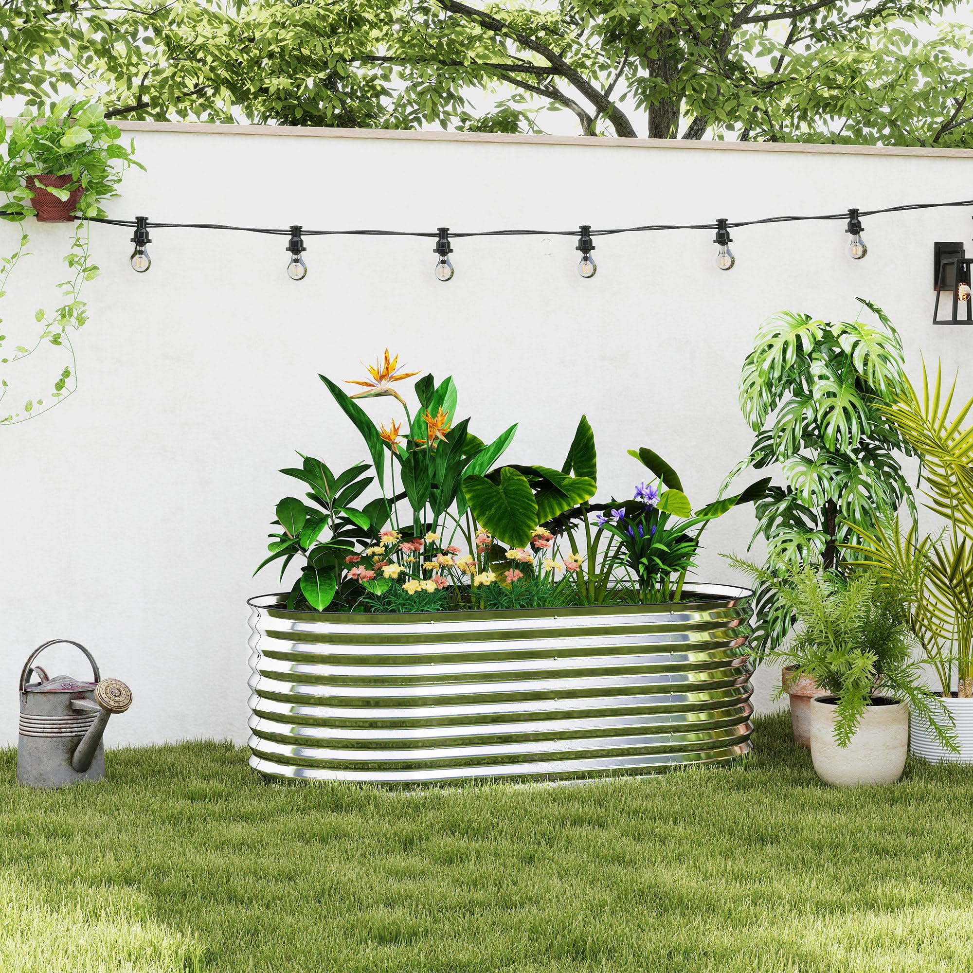 Outsunny Carré Potager de Jardin Potager surélevé, bac Potager en Acier galvanisé, jardinière Exterieur modulaire résistant à la Rouille 160x80x56cm, pour légumes, Fleurs et Herbes Jardin, Argent
