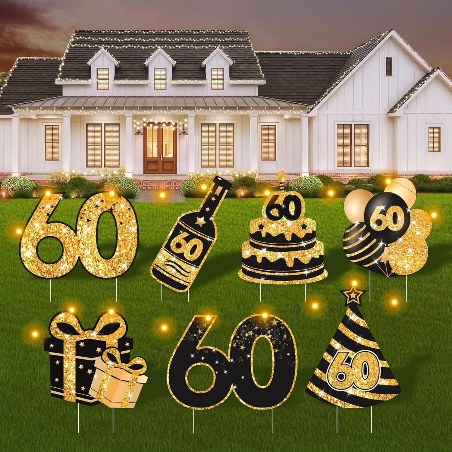 60th Birthday Decorations for Men & Women - 7 Pcs Birthday Yard Signs with Stakes, LED Lights & Double-Sided Tape | Happy 60th Decor | Outdoor/Indoor Party Favors, Photo Props & Lawn Decorations 60th Gold