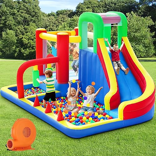 Bounce House, Inflatable Bouncing House for Kids, 8-in-1 Bouncy Castle with Blower, Kids Jumper Bouncy House with Slide for Indoor Outdoor Backyard