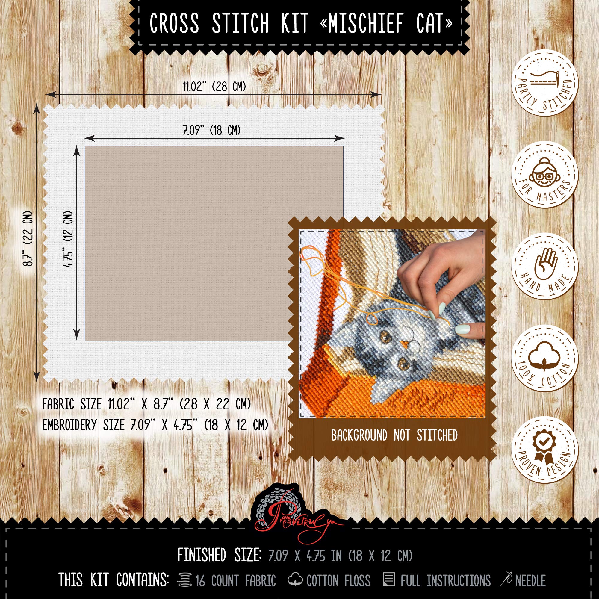Kit de punto de cruz con diseño de gato con texto en inglés "Mischief Kitten"