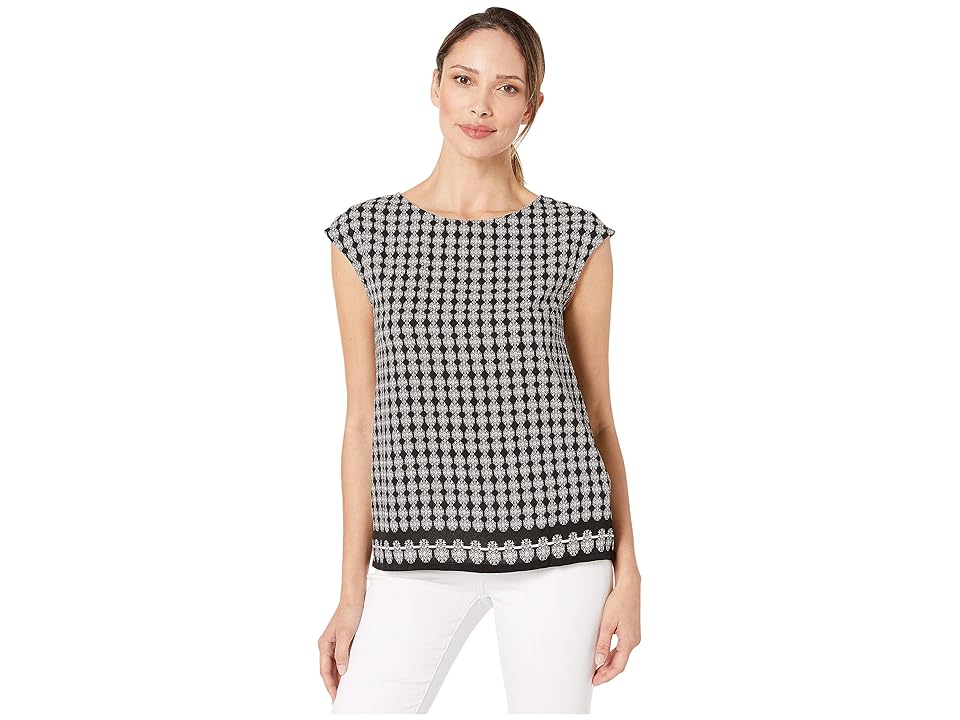 

MAXSTUDIO Round Neck Top w/ Button Back (Black/Ivory Isobel Panel) Women's Blouse, Gray