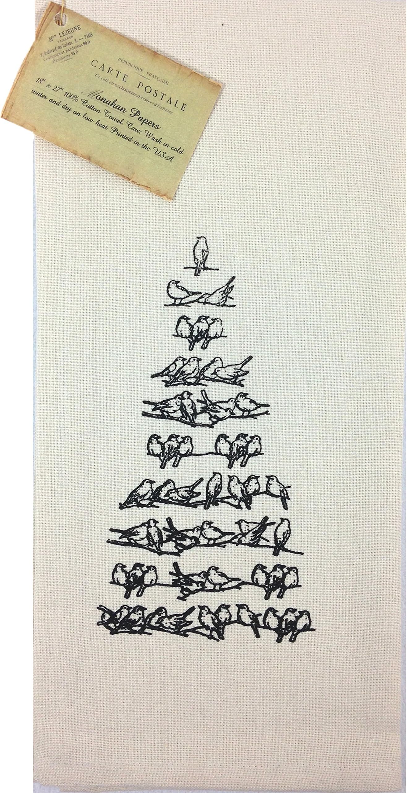 French Country Vintage Carte Postale Cotton Kitchen Towel - Christmas Tree Birds