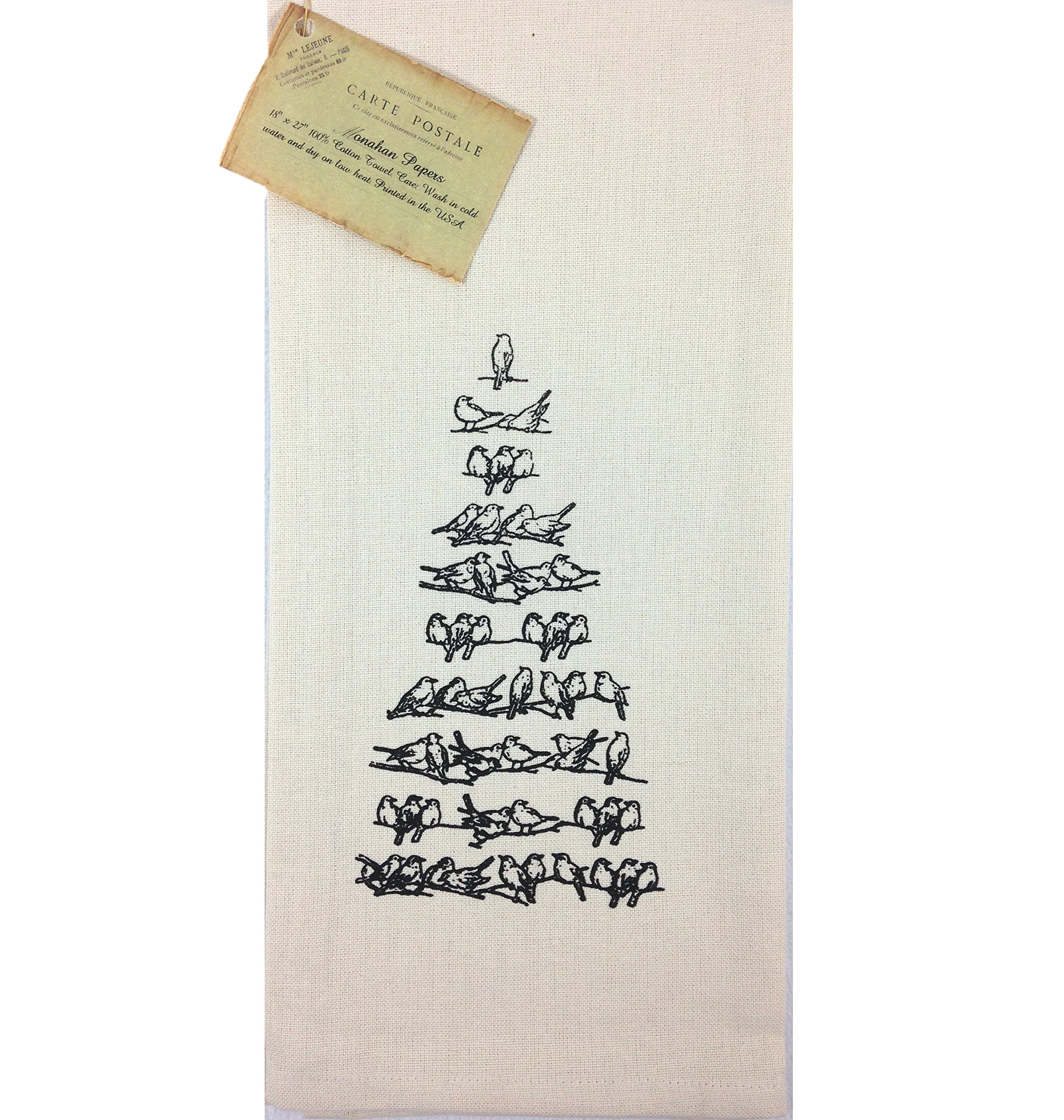 French Country Vintage Carte Postale Cotton Kitchen Towel - Christmas Tree Birds