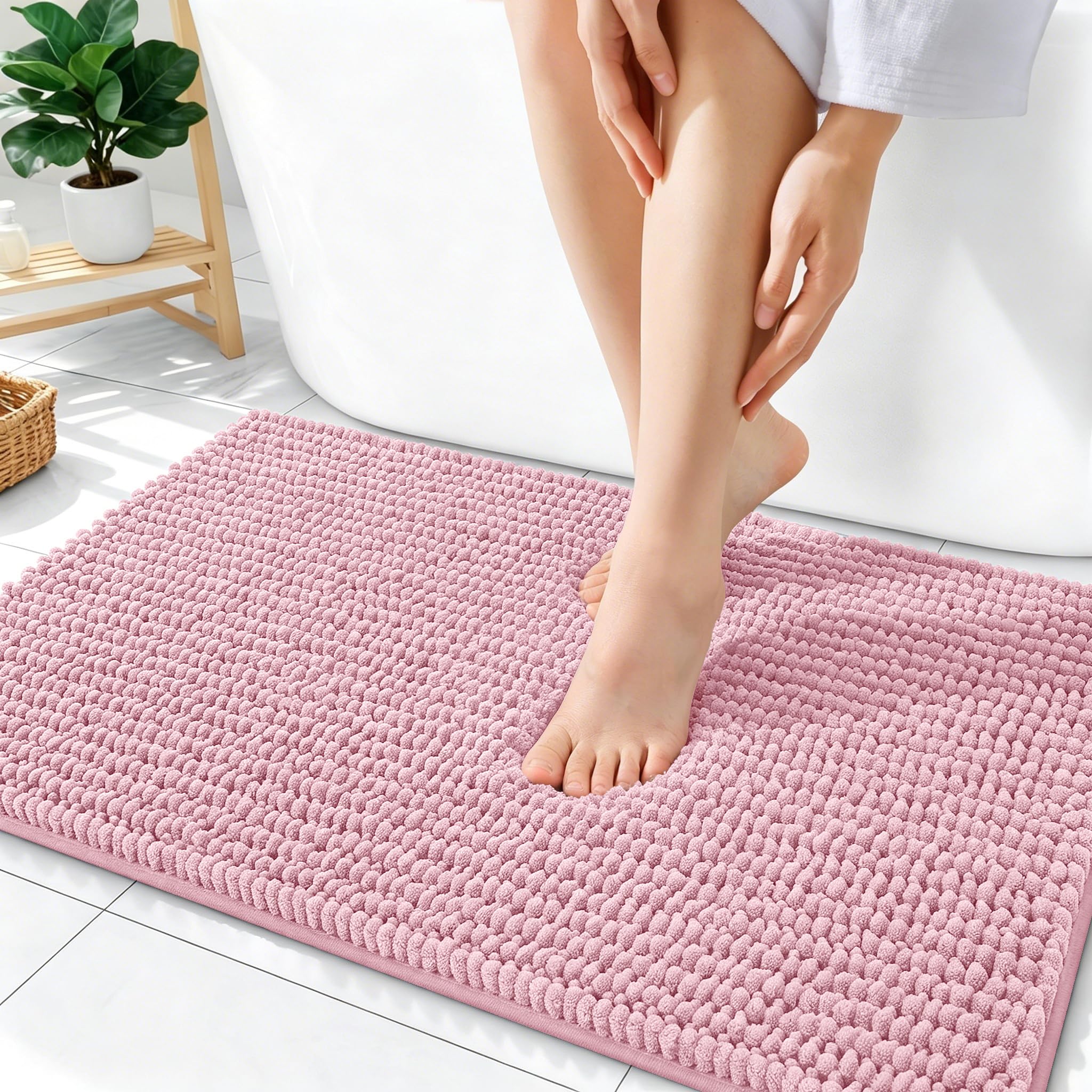 OLANLY Thick Chenille Absorbent Bathroom Rugs Mat 36x24, Dusty Rose