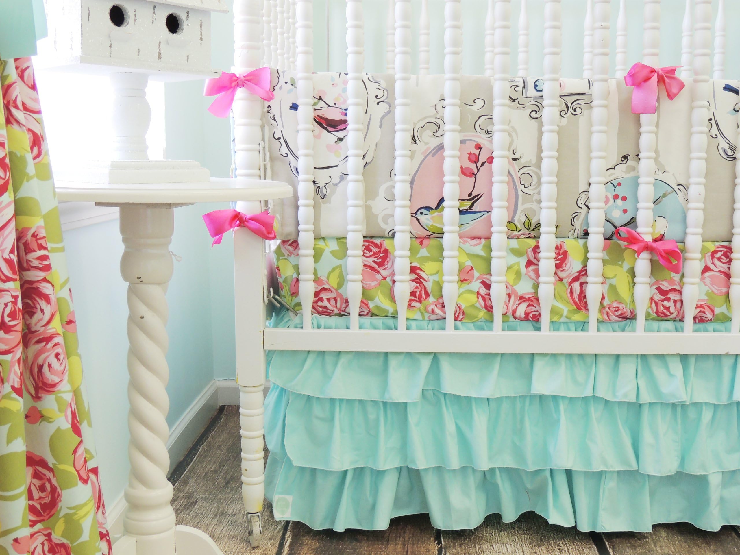 Tushies and Tantrums Boutique Birds with Floral Sheet and Aqua Skirt Crib Set