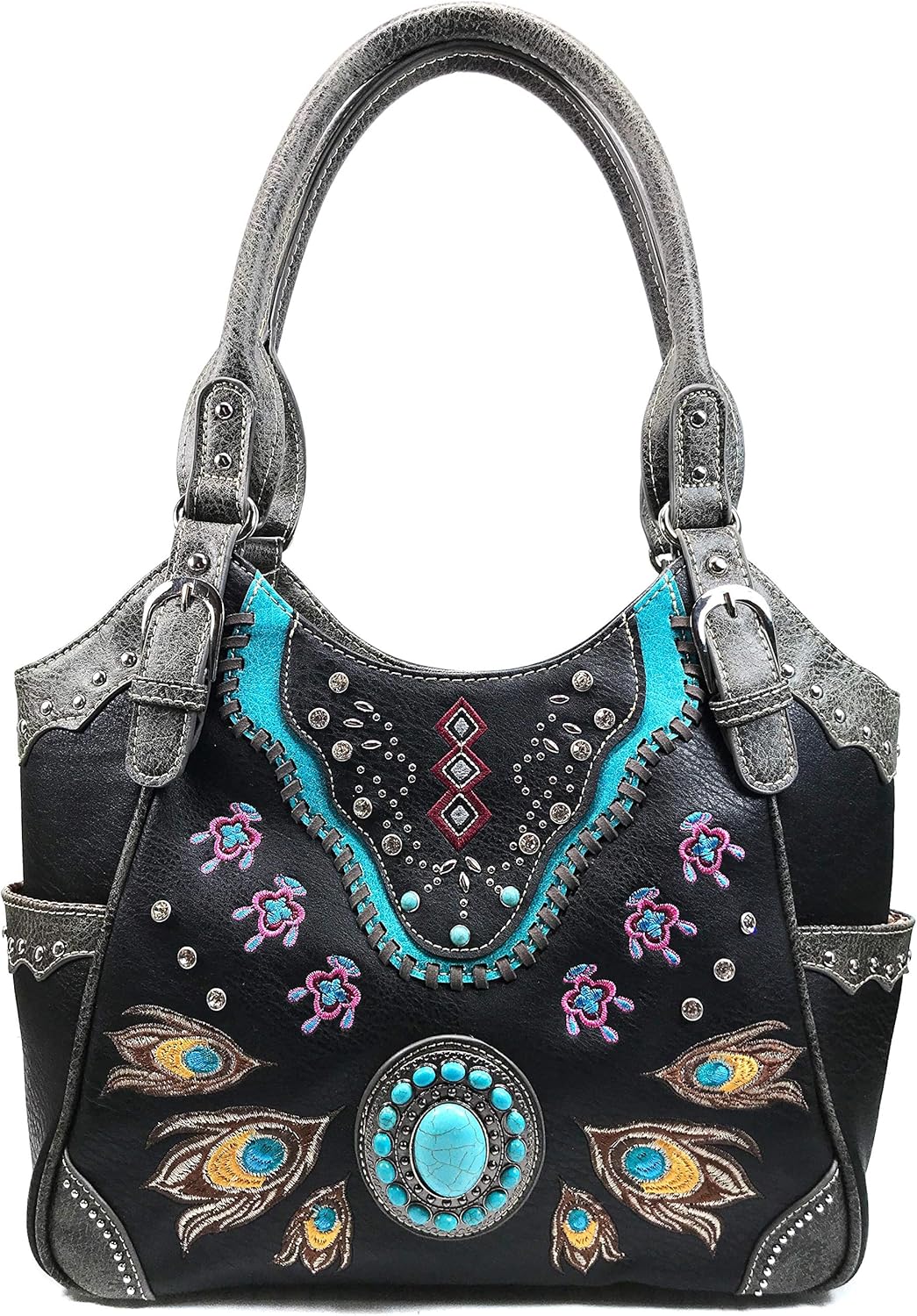 Zelris Turquoise Stone Concho Peacock Feather Women Conceal Carry Tote Purse Bag
