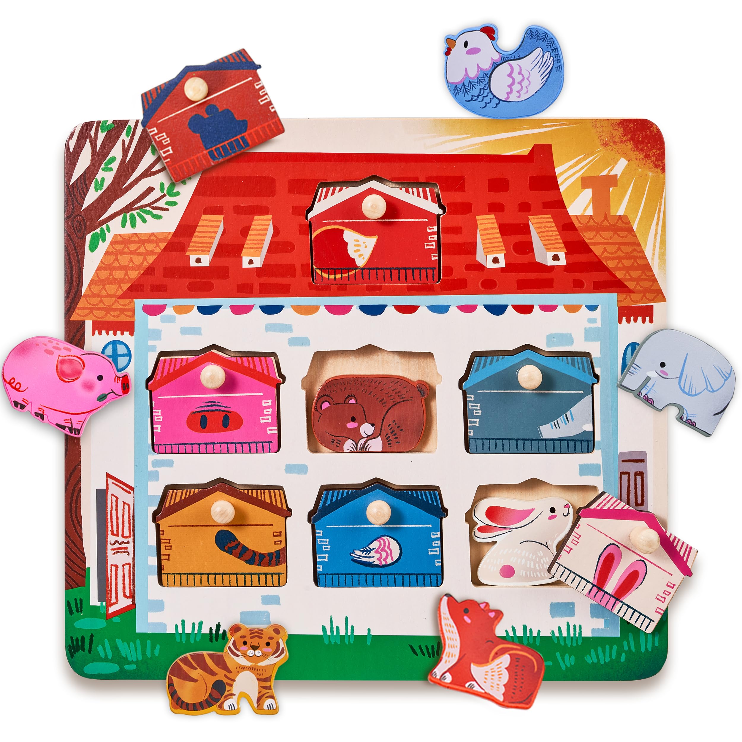 JoyCat Puzzle Bois Enfant 1 An Montessori Jouet Éducatif Animaux 7 Pièces Cadeau Anniversaire