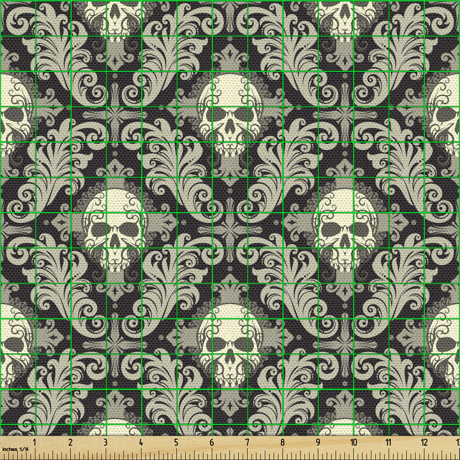 Lunarable Skull Fabric by The Yard, Skulls with Floral Curly Details Antique Victorian Design Gothic Elements, Decorative Fabric for Upholstery and Home Accents, 3 Yards, Black Taupe