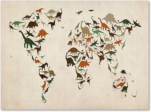 Mapa del mundo de dinosaurios 2 por Michael Tompsett Work - Lienzo decorativo para pared, 16 x 24 pulgadas