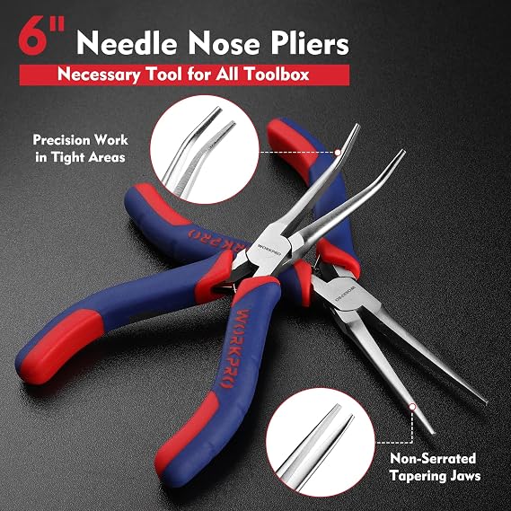 WORKPRO 2-Piece 6 Mini Needle Nose Pliers Set(Smooth Jaw), Long Nose Pliers, Bent Nose Pliers with Comfort Grip Handles, Jewelry Plier For Wire Wrapping, Handmade Craft, Jewelry Making, 6 2PCS