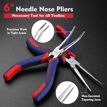 WORKPRO 2-Piece 6 Mini Needle Nose Pliers Set(Smooth Jaw), Long Nose Pliers, Bent Nose Pliers with Comfort Grip Handles, Jewelry Plier For Wire Wrapping, Handmade Craft, Jewelry Making, 6 2PCS