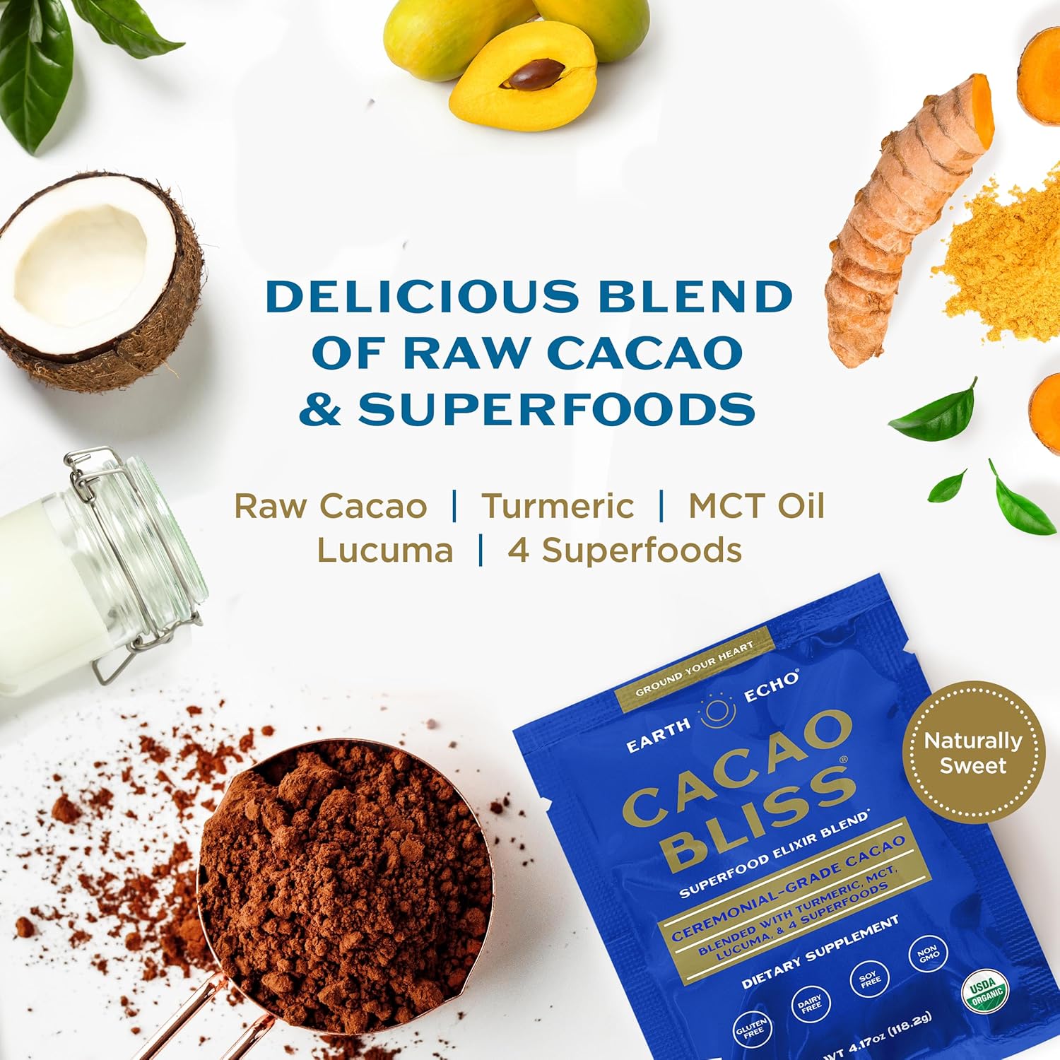 Earth Echo Cacao Bliss - Ceremonial Grade Organic Raw Cacao Powder with MCT Oil & Turmeric - Supports Energy Boost, Mindful Snacking & Focus - Unsweetened, Vegan, GMO-Free, 15 Packets for On-the-Go