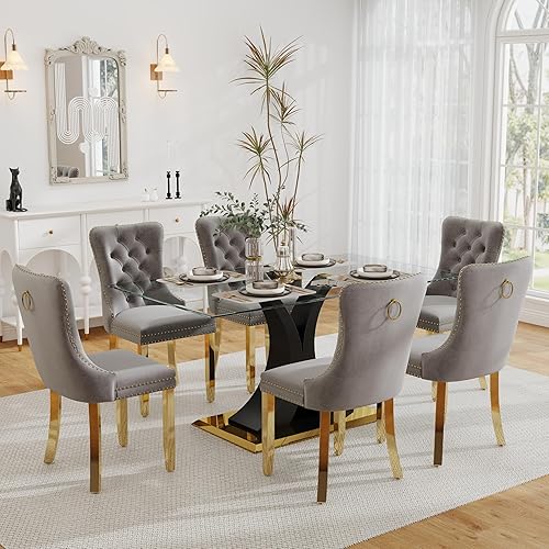 Miniatura 70 de Juego de mesa de comedor moderno de vidrio para 4, mesa de 160 cm de vidrio templado con base dorada estética y 4 sillas de comedor lujosas azules y