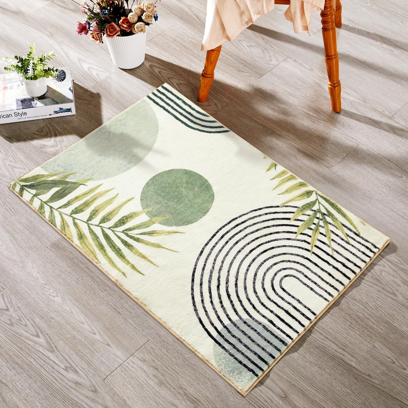 RoomTalks Boho Green Cute Bathroom Rugs Bath Mat Non Slip Washable, Modern Abstract Geometric Shape with Tropical Leaves 2x3 Small Area Rug for