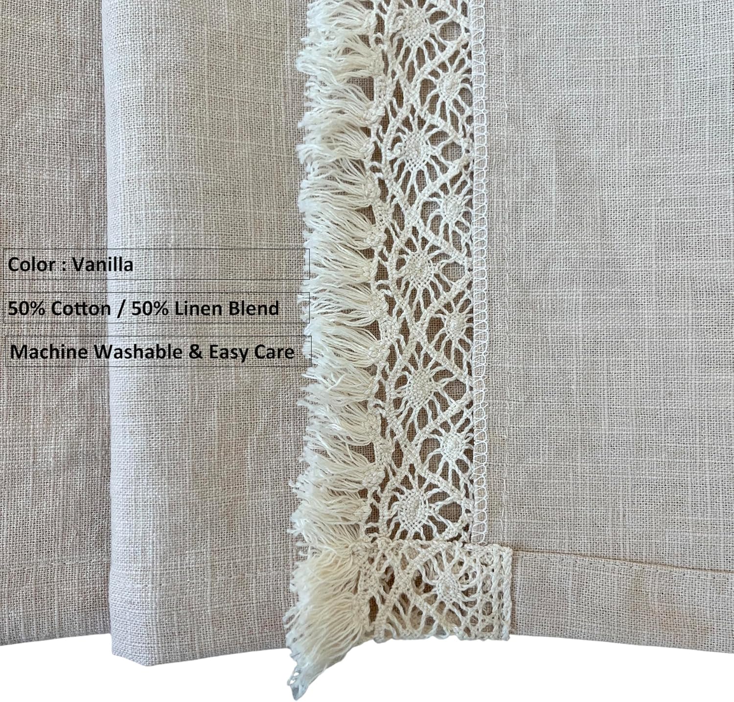 Korean Made Linen Blend Table Runner 14 Inches Wide, Lace Trim, Double Hem Edge for Reduced Wrinkle & Durability – Elegant Everyday Dining, Vanilla Color (72" Long)