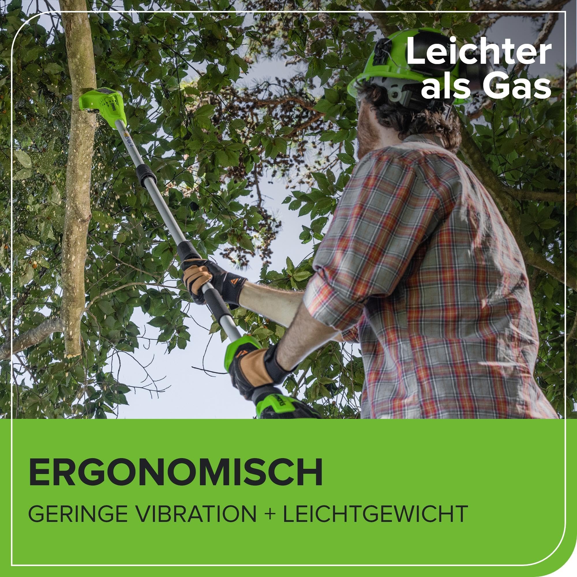 Greenworks G40PSF Akku Hochentaster, 20 cm Blattlänge, 8 m/s Kettengeschwindigkeit, 3,64 kg, automatisches Öl-System, 80 ml Öltank, 2.58m Stangenreichweite OHNE 40V Akku & Ladegerät, 3 Jahre Garantie