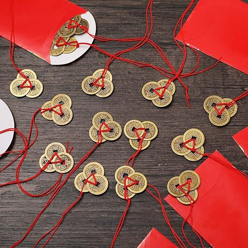 Miniatura 10 de Monedas china de la fortuna, Feng Shui, Monedas I-Ching Monedas tradicionales con cadena roja para la riqueza y el éxito, 5 estilos