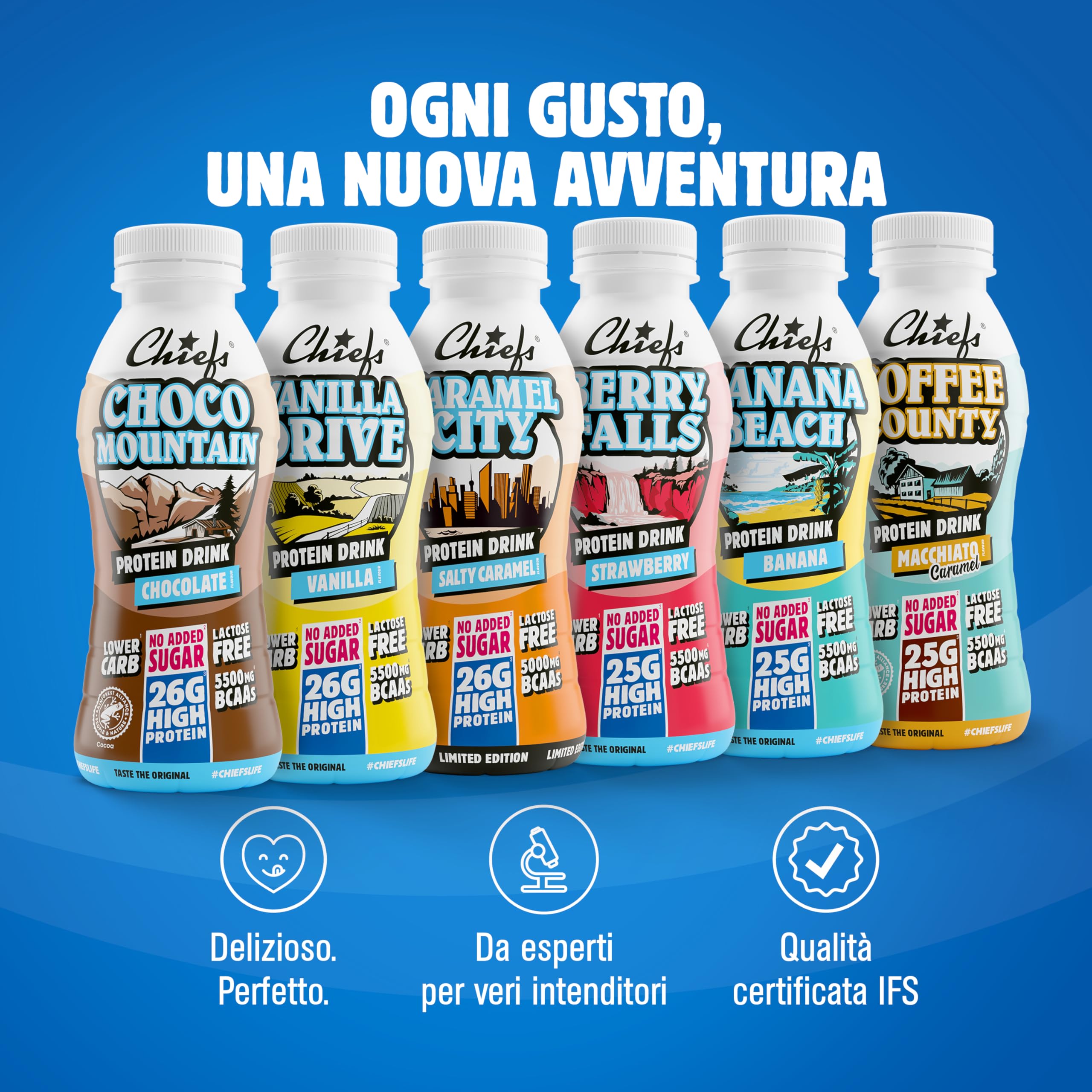 Chiefs Drink di proteine, Bevanda Proteica, Senza Lattosio, Senza Grassi e Zuccheri Aggiunti (8 confezioni x 330ml)