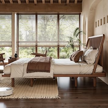 Bellemave Queen Size Bamboo Bed Frame with Slatted Slanted Headboard,Brown