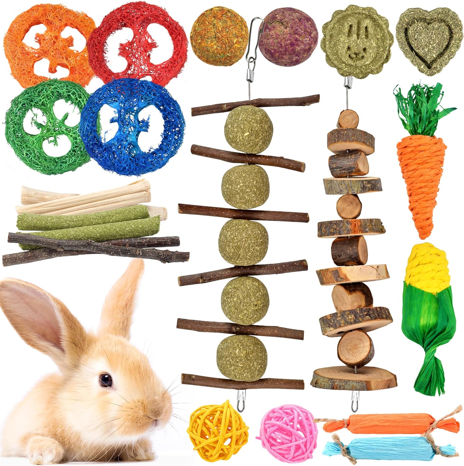 22-Pack Natural Bunny Chew Toys, Boredom Breakers for Rabbit, Hamster, Guinea Pig & Chinchilla, Apple Wood Timothy Hay Sticks for Small Animal Teething