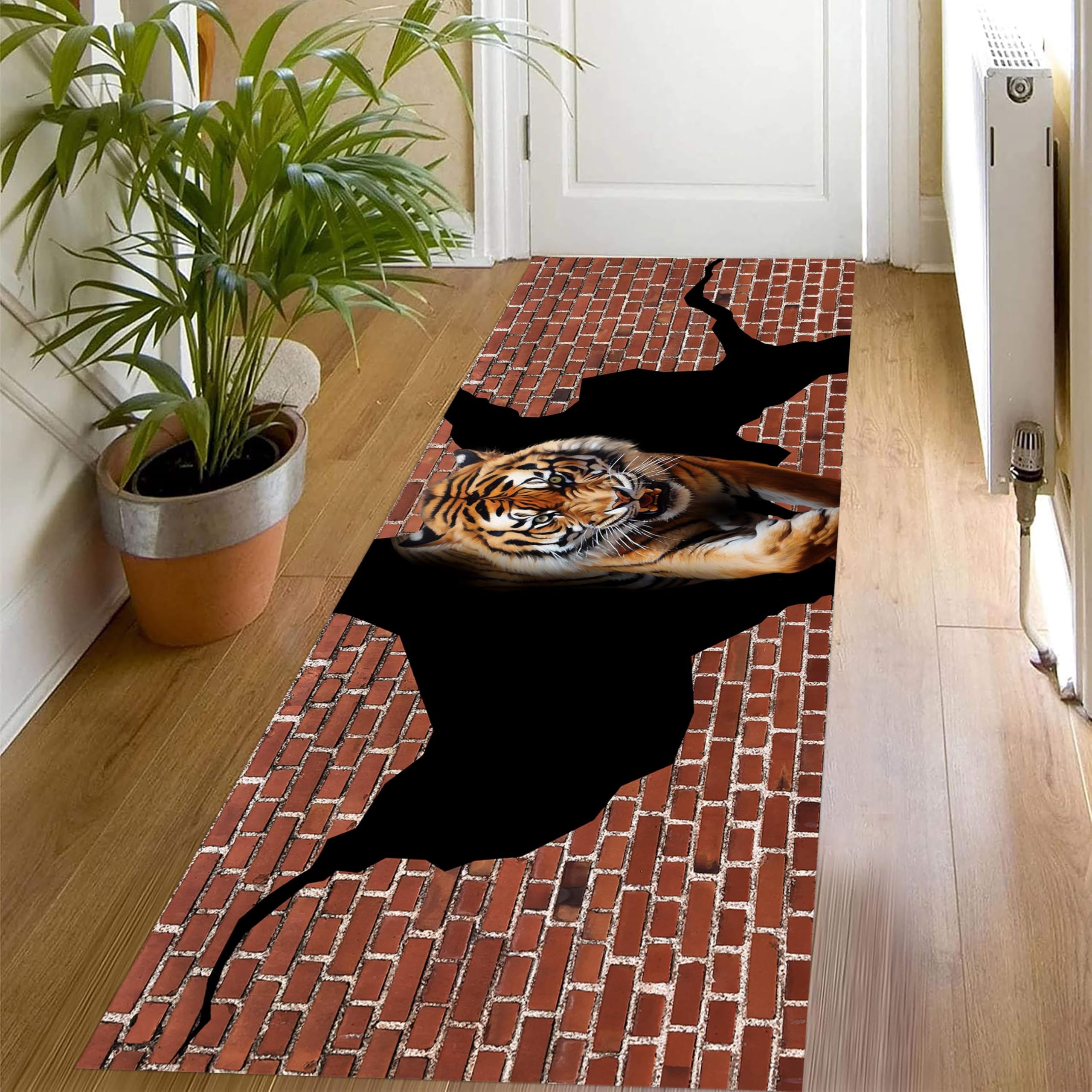 LHOMKCV 3D Wild Animal Runner Rugs, 60x150cm, Modern Realistic Brick Tiger Optical Illusion Long Hallway Rug, Soft Easy-Washing Durable Floor Mat for Living Room Bedroom