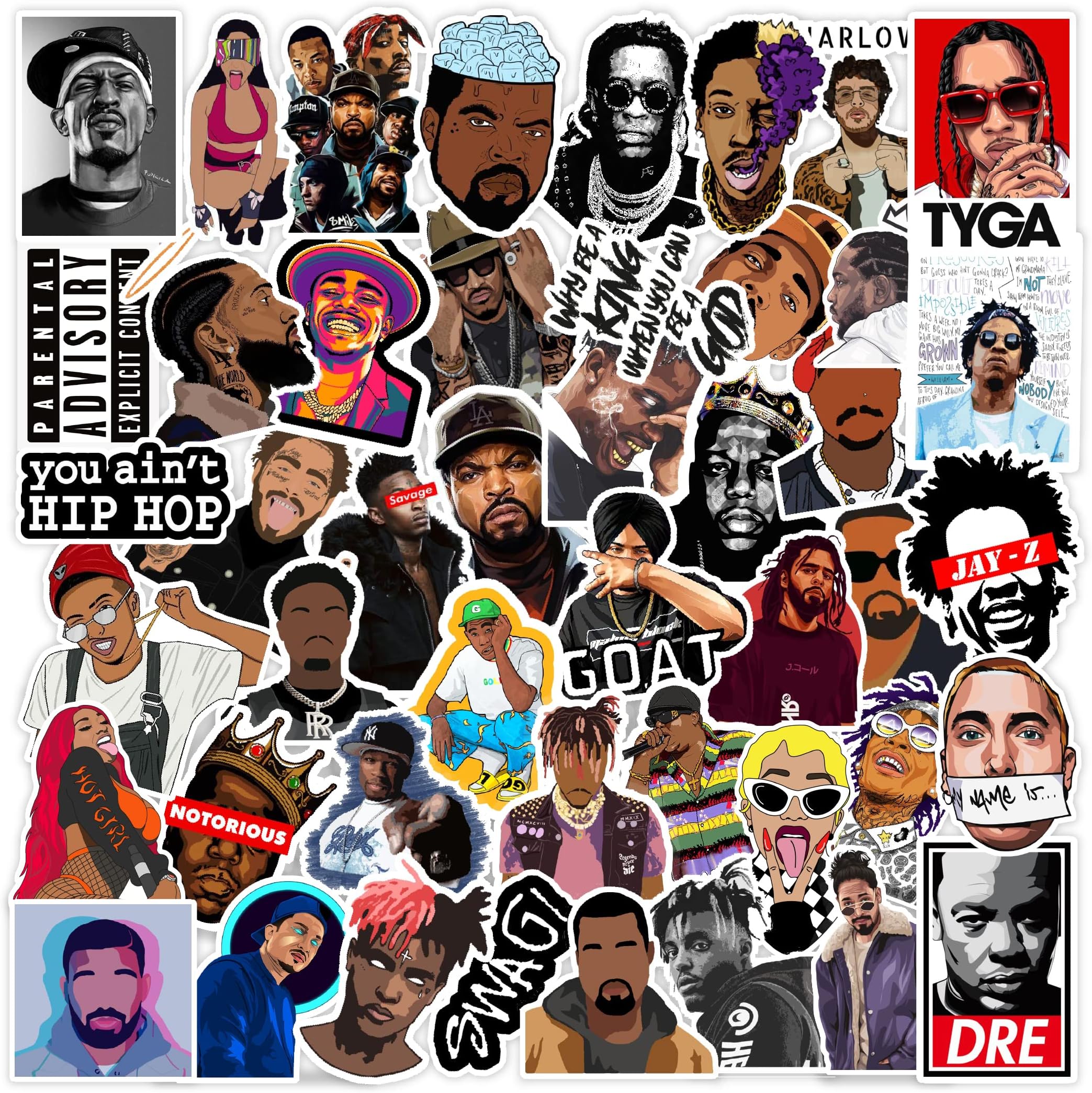 CodersParadise 52-Pack Hip Hop Rappers Aesthetic Stickers | Waterproof Vinyl Stickers for Laptop, Diary, Guitar, Scrapbook & Mobile Phone | Self-Adhesive & Residue-Free Tupac, MC Stan, Eminem, Divine
