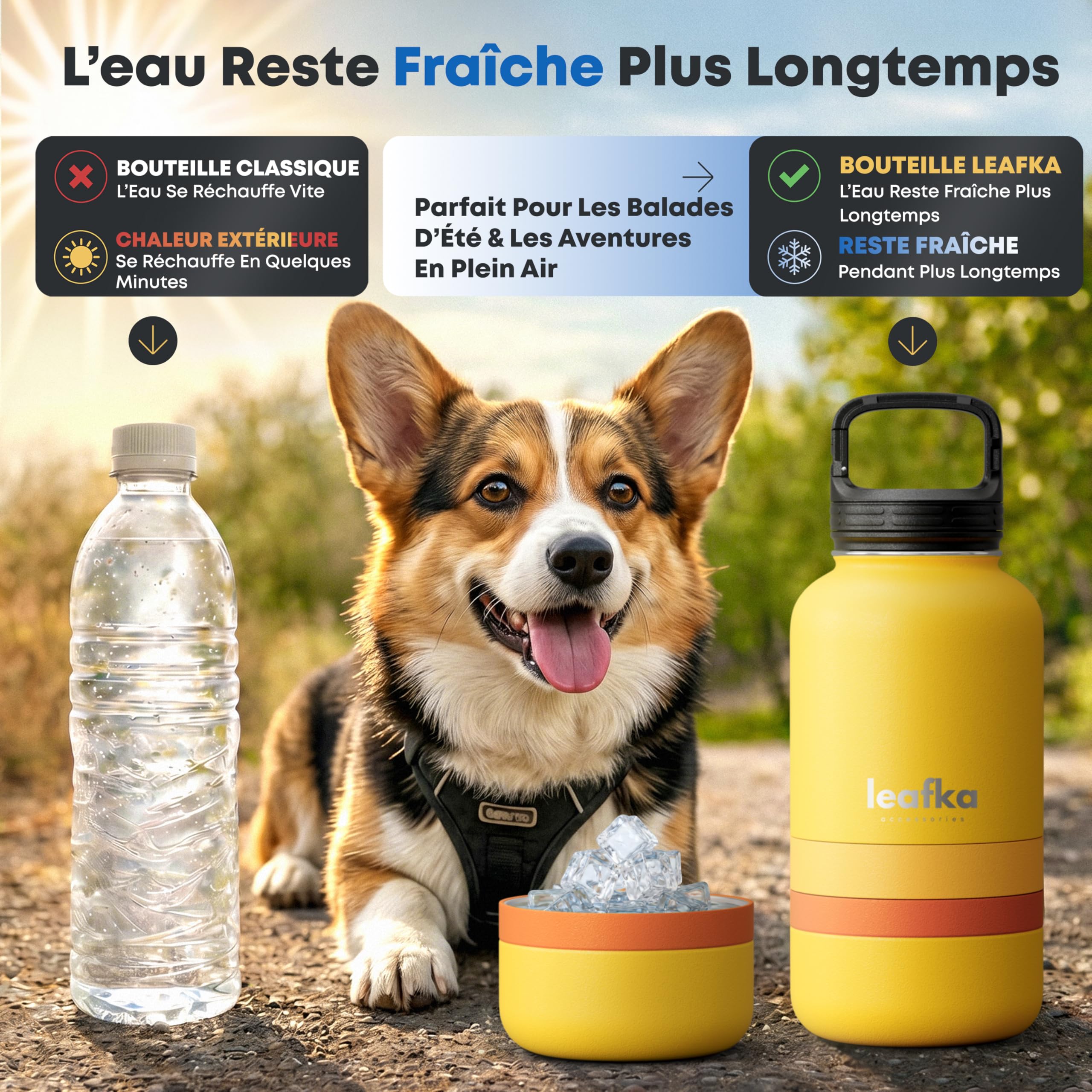 3-in-1-Hundeflasche mit Wassernapf und Trockenfach, tragbare Reiseflasche für Hunde und Katzen, Transportflasche für Wasser und Tierfutter (gelb)