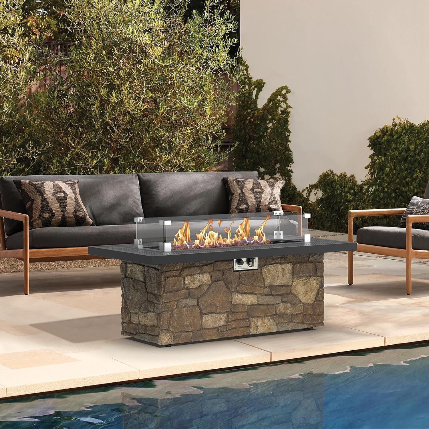 48-Inch Propane Fire Table with Natural Gas Conversion Kit, 50,000 BTU Gas Fire Pit Table, Faux Stack Stone Texture Outdoor Fireplace with Wind Glass Shield, Lava Rocks, Lid & Cover