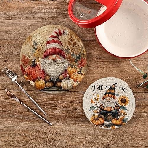 Miniatura 2 de Gnomo de otoño - Alfombrilla de salvamanteles 2 piezas de hojas de otoño redondas tejidas agarraderas para mesa de cocina, protector de encimera,
