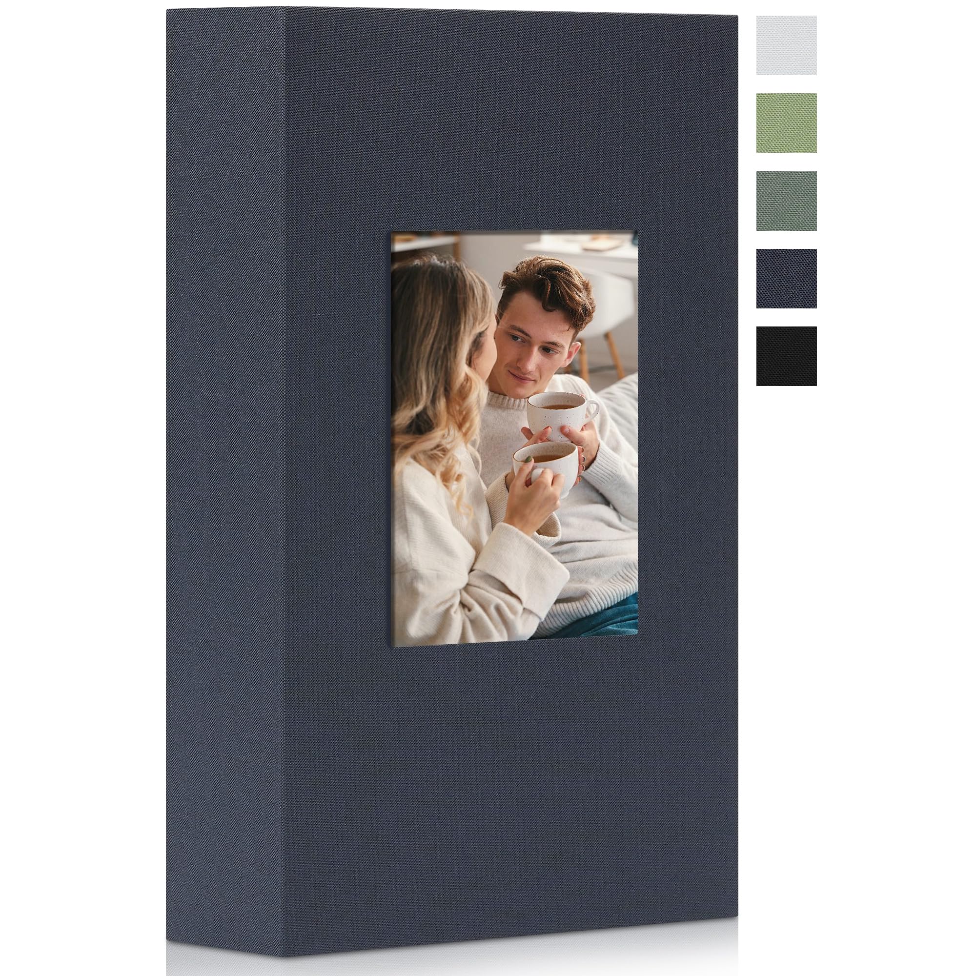 Remowith 6x4 Photo Album Slip in 300 Pockets, Linen Fabric Cover Photo Book with Customisable Cover Window, Acid-Free Slip-in Pockets for Family, Travel, Baby & Memory Storage, Grey Blue