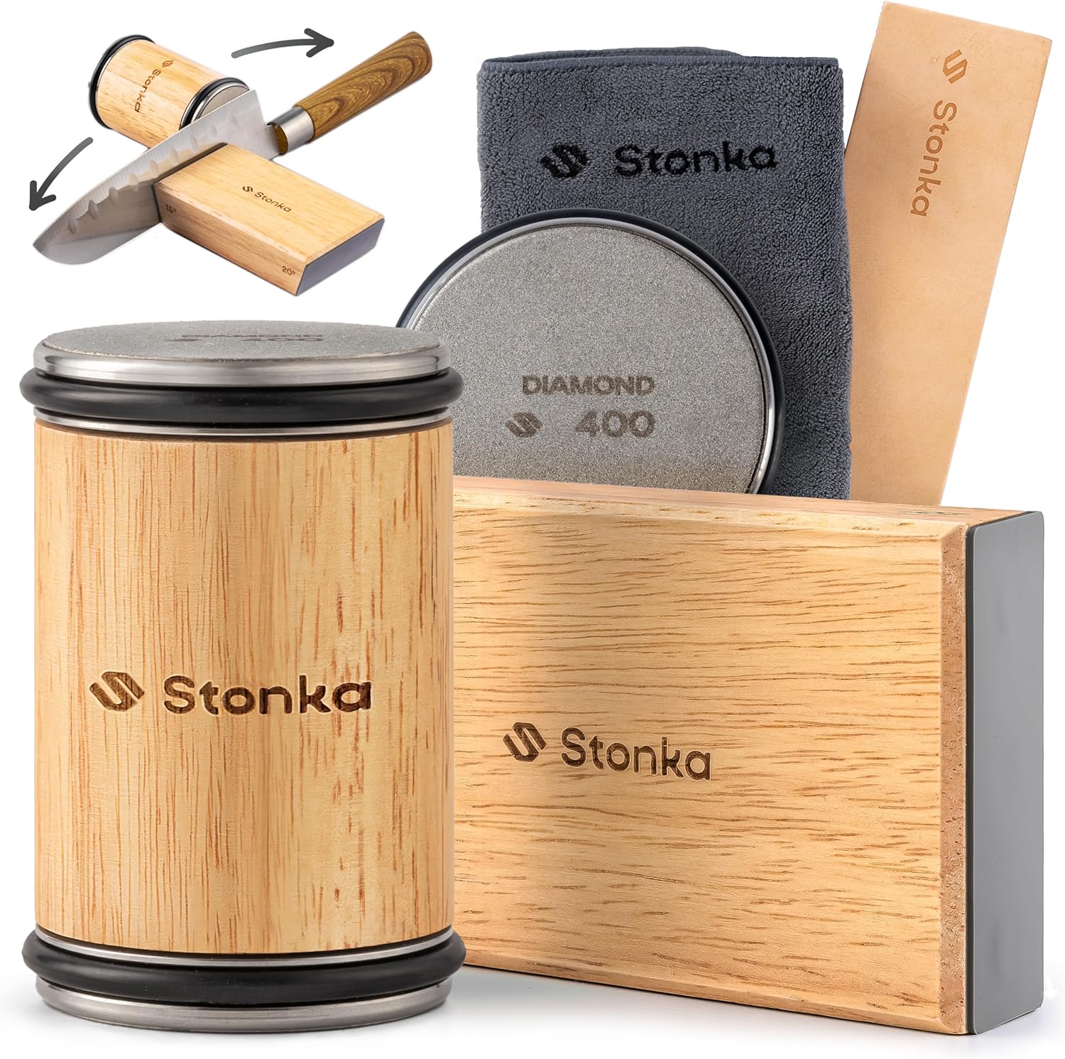 Rolling Knife Sharpener Kit – Stonka Wooden Roller Knife Sharpener with Diamond Wheels, Magnetic Angle Guide 15° & 20°, Leather Strop