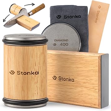 Stonka Oak Rolling Knife Sharpener Kit Natural Wood, Diamond Wheels, Magnetic Angle Guide 15 & 20, Leather Strop Giftable Packaging