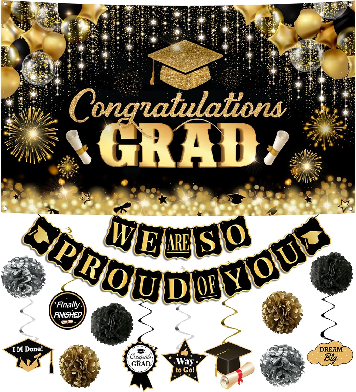 KatchOn, Large Graduation Door Banner - 72x12 Inch | Black and Gold Graduation Party Decorations 2026 - Pack of 34 | Hanging Wall Poster for 2026 Graduation Decorations | We Are So Proud of You Banner