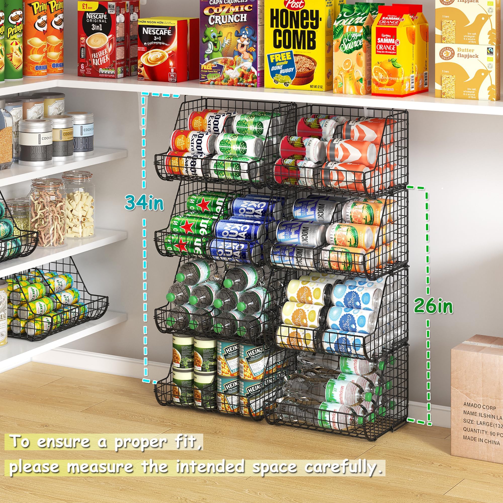 Dispensadores de latas apilables de 3 niveles con 3 divisores, organizador grande de latas de despensa, soporte para botellas de agua de pie, cesta de almacenamiento de latas de refrescos para