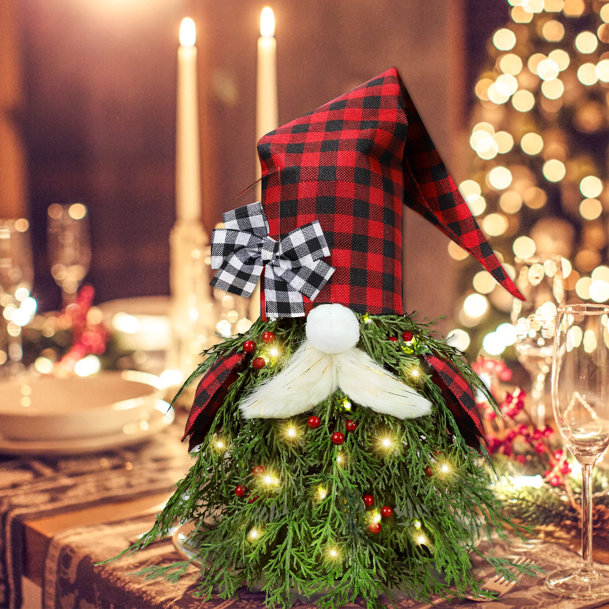 Mini Gnome Christmas Tree, Buffalo Plaid Christmas Decor, 18 Inch Small Christmas Tree with Lights Red Berries for Christmas Decorations Indoor Home Decor Mantle Table Bedroom Decor Xmas Gifts Gnomes